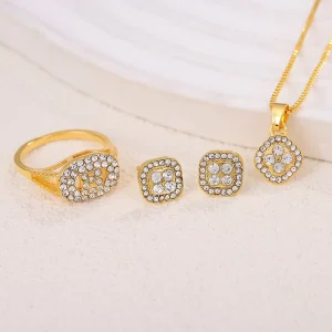 Fashion Luxury Full Crystal Necklace Earrings Ring Set for Women Rhinestone Female Bracelet Set Gift