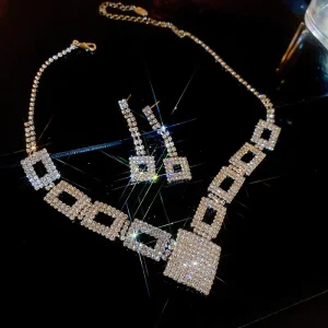 Fashion Luxury Full Diamond Rhinestone Hollow Square Earrings Necklace Crystal Jewelry Wedding Sets for Women KJ087