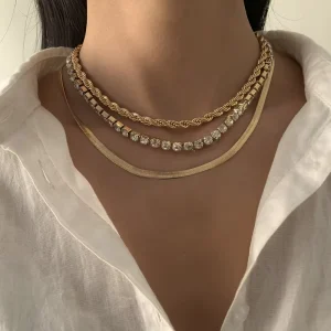 Fashion Luxury Hip hop 3pcs Set Snake bone Chain with Rhinestone Twist Chain Multi layer Necklace for Women Jewelry