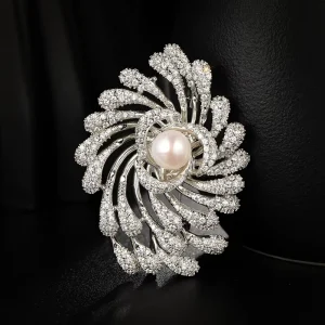 Fashion Luxury Jewelry Copper Pearl Brooch Pin 18 K Gold Shiny Full Zircon Firework Brooches