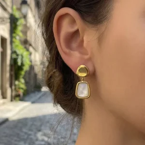 Fashion Luxury Jewelry Earring Waterproof 316L Stainless Steel PVD Gold Plated Square Pearl Pendant Earrings