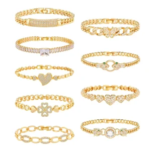 Fashion Luxury Jewelry Gold Plated Copper Square Butterfly Leaf Snake Heart Zircon Bracelet