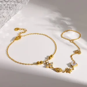 Fashion Luxury Jewelry Zircon Stainless Steel Finger Chain Bracelets Women’s Trendy Geometric 18k Gold plated Charm Bracelet