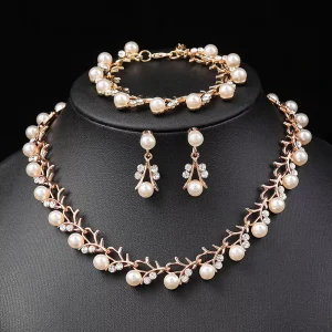 Fashion Luxury Pearl Necklace Earrings Bracelet Set Party Dress Accessories Alloy Bridal Jewelry for Women