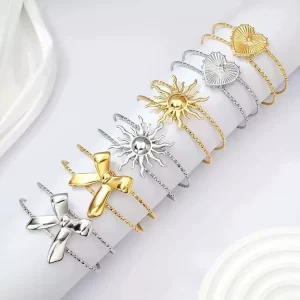 Fashion Luxury Stainless Steel 18K Gold Plated Sun Bowknot Heart Accessories Open Cuff Bangle Bracelet Women Jewelry