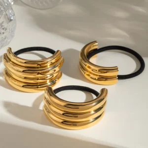 Fashion Luxury Women’s Hair Accessories 18k Gold Stainless Steel Multi Layer U Shaped Black Rubber Hair Clip Jewelry