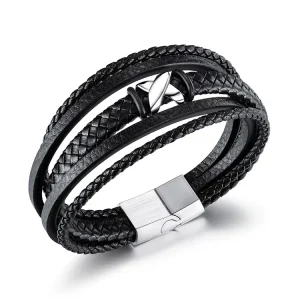 Fashion Men’s Jewelry Stainless Steel Charm Buckle Braided Multi Layered Leather Bracelets