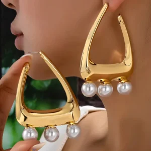 Fashion Metal Alloy Geometry Large Triangle Pearl Drop Earrings for Women Jewelry Statement Accessory