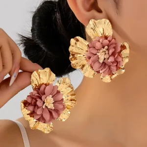 Fashion Metal Alloy pink Color Fabric Cloth Flower Drop Earrings for Women Jewelry Statement Accessory