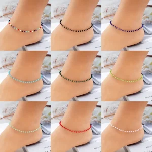 Fashion Minimalist 18K Gold Plated Stainless Steel Colorful Diamond Crystal Beads Link Chain Anklet Jewelry for Women