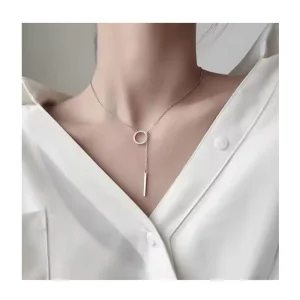 Fashion Minimalist 925 Sterling Silver Sweater Chain Crystal Round Stick Bar Pendant Necklace Collares for Women