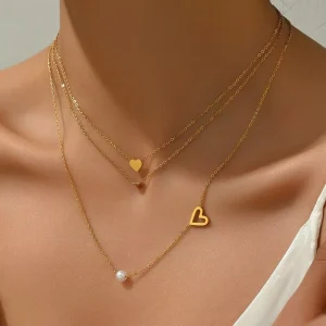 Fashion Minimalist Heart Pearl Multi Layer Necklace Waterproof PVD 18K Gold Plated Stainless Steel Pendant Jewelry Necklace