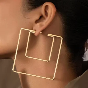 Fashion Minimalist Personalized Gold Metal Geometric Double Square Hoop Earrings Jewelry