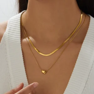 Fashion Minimalist Style 18k Gold Plated Snake Chain Double Layer Stackable Heart Pendant Stainless Steel Necklace
