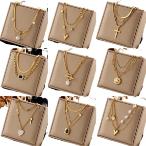 Fashion Minimalist Vintage Stainless Steel Multi layer Chain Cross Heart Pearl Pendant Women’s Necklace