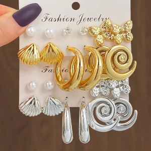 Fashion Mirror Finish Ear Jewelry Kit 6 Pairs Women Crystal Pearl Conch Butterfly Shell Earrings Set