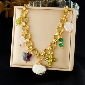 Fashion Multi-Element Gold Plated Necklace Scallop Butterfly Flower Jewelry O-Shaped Chain Stainless Steel Necklaces TGXL8677