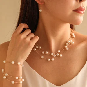 Fashion Multi Layered Women’s Fashion Pearl Jewelry Set Pearl Beaded Necklace Earrings Bracelet Set Bridal Jewelry Set