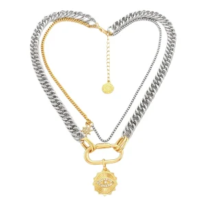 Fashion Multilayer Silver Alloy Pendant Necklace With Diamond Eyes Sun Buckle Gold Plated Jewelry Gift For Men Women