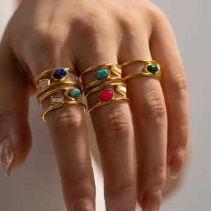 Fashion Natural Stone Ring Jewelry 18k Gold Hollow Ring Stainless Steel Jewelry Rings
