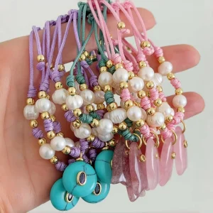 Fashion Nature Stone Fish Shape Zircon Charm String Bracelets 18k Gold Plated Freshwater Pearl Beaded Jewelry Bracelets Women
