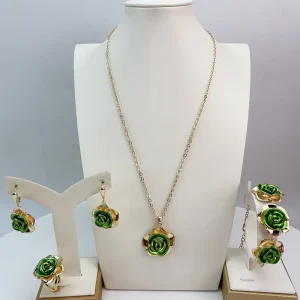 Fashion Necklace Pendants Earrings Ring and Bracelet Gold Plated 4pcs Set for Lady Party Daily