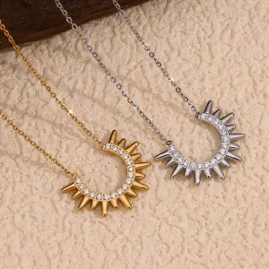 Fashion Necklace Shining Zircon Sunburst Pendant Necklace 18k Gold Plated Stainless Steel Statement Necklace