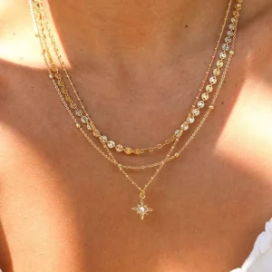 Fashion Necklace Three Layered Disc Coin Star Charm Necklace Stainless Steel Waterproof 18k Gold Plated Zircon Necklace