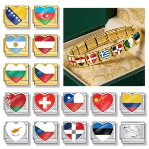 Fashion New Custom Heart World National Flag Italian Charm Link Fit 9mm Stainless Steel Bracelet DIY Jewelry Making