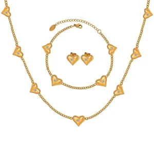 Fashion New Stainless Steel 18K Gold Light Luxury Personality Set Zircon Heart Necklace Bracelet Earrings Jewelry Set