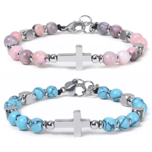 Fashion New Trendy European American Stainless Steel Silver Plated Beaded Cross Bracelet Natural Stone Unisex Boutique Jewelry