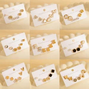 Fashion Non Fading Stainless Steel Earrings Gold Plated Zircon Four Leaf Clover Five Petal Flower Butterfly Stud Earrings Set
