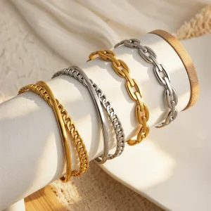 Fashion Non Tarnish 304 Stainless Steel Geometric Cross Round 18k PVD Gold Plated Open Charm Bangle Bracelet Women’s