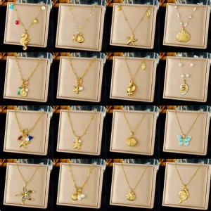 Fashion Ocean Series Accessories Gold Plated Stainless Steel Starfish Shell Multi Element Drip Oil Butterfly Pendant Necklace