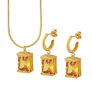 Fashion Oil Lamp Design Rectangle Pendant Necklace Jewelry Set Waterproof Stainless Steel Crystal Earrings Pendant Necklace Set