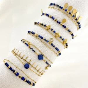 Fashion Oval Charm Bracelet Natural Stone Lapis Lazuli Blue Gold Stainless Steel Chain Multi Layer Adjustable Bead Bracelet
