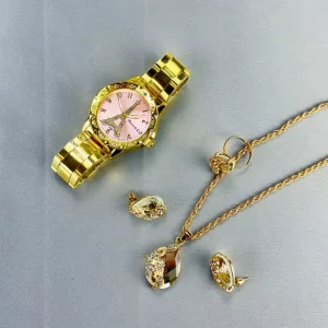 Fashion Paris Tower Diamond Quartz Watch Necklace Earring Set for Women