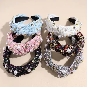 Fashion Pearl Elegant fabric Headband Female Wide edge Knotted High end Pure Color Hairband