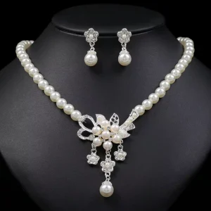 Fashion Pearl Flower Necklace Earring Jewelry Set Luxury Rhinestone Women’s Decoration Jewelry