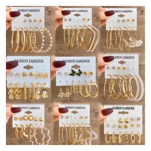 Fashion Pearl Heart Circle Gold Plated Butterfly Hoop Stud Earrings Set for Women Jewelry