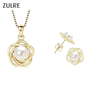 Fashion Pearl Jewelry Set 925 Sterling Silver 6.5~7mm Natural Freshwater Pearl Openwork Floral Stud Earrings & Pendant Necklace