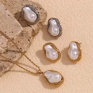 Fashion Pearl Jewelry Set Baroque Imitation Pearl Necklace Earring Set Gold Plated Stainless Steel Jewelry