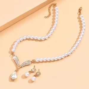 Fashion Pearl Jewelry Set Cute Water Drop Shape Link Chain Necklace and Earrings