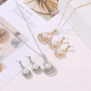 Fashion Pearl Jewelry Set Elegant Water Drop Necklace Earrings Two-Piece Set Bride Temperament Accessory