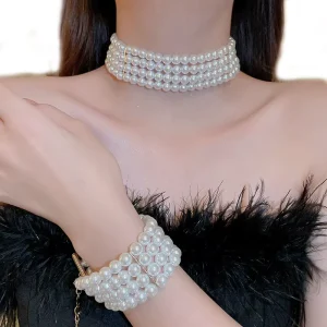 Fashion Pearl Jewelry Set Vintage Multi Layer Artificial Pearl Necklace Earrings Set for Women