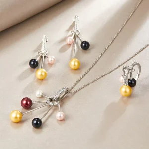 Fashion Pearl Jewelry Sets 925 Sterling Silver Necklace Earrings Ring Handmade Pearl Jewelry Set