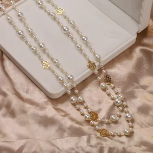 Fashion Pearl Jewelry White Pearls 14K Stainless Steel Gold Flower Long Necklace for Women