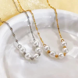 Fashion Pearl Necklace Golden Women’s Stainless Steel Pearl Pendant Necklace Trendy Versatile Popular Accessory Necklace