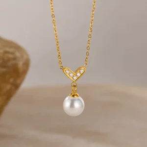 Fashion Pearl Necklace, Natural Pearl Pendant Stainless Steel Jewelry for Women