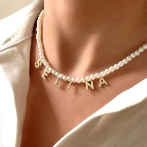 Fashion Pearl Necklace for Women Diamond Zircon Initial Letters Charm DIY Pendant Beaded Chain Necklace